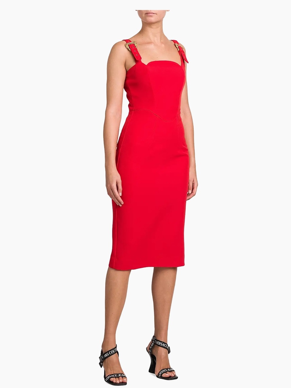 Versace Jeans Collection Red Midi Sheath Dress with Gold Buckle Straps